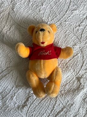 Vintage Disney Yellow Pooh Bear Plush with Red Shirt 10”